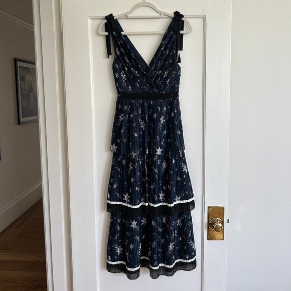 SELF-PORTRAIT Tiered V-Neck Navy Blue Dress - Picture 1 of 3